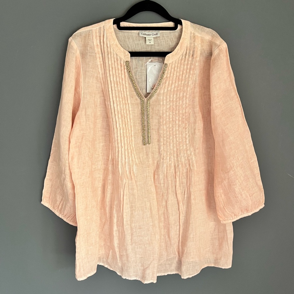 New Coldwater Creek Size M Linen Embellished Beaded Tunic Shirt Blouse Top